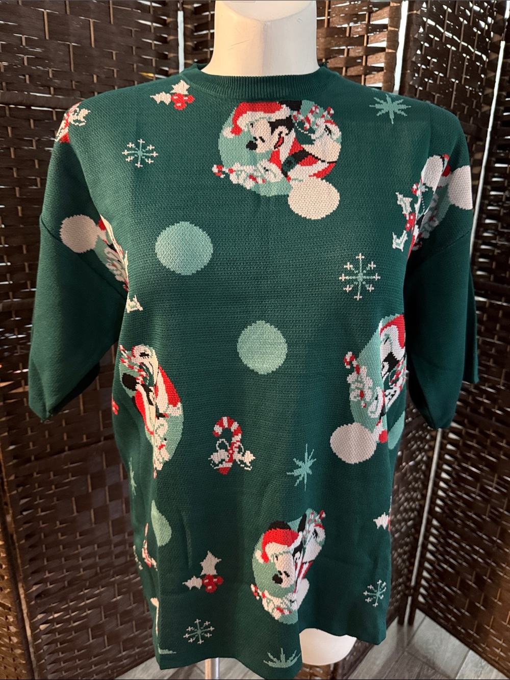 Holiday Crewneck Sweatshirt Top in Green with Festive Mickey Motif